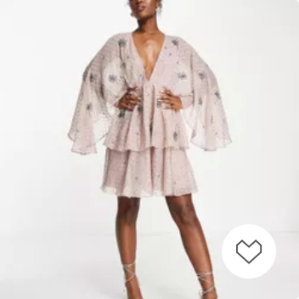 ASOS DESIGN Tiered Textured Mini Dress — Linear Bloom Embellishment (Dusty Rose)